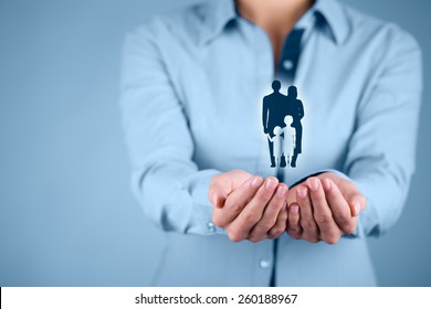 Family Life Insurance, Family Services, Family Policy And Supporting Families Concepts. Businesswoman With Protective Gesture And Silhouette Representing Young Family.
