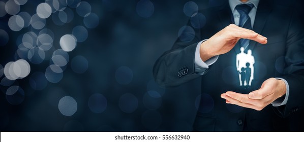 Family Life Insurance, Family Services And Supporting Families Concepts. Businessman With Protective Gesture And Silhouette Representing Young Insured Family. Right Wide Banner Composition With Bokeh.