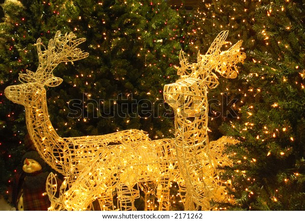 Family Lighted Reindeer Christmas Yard Decoration Stock Photo