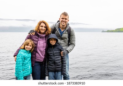 Family At The Loch Ness, A Large, Deep, Freshwater Loch In The Scottish Highlands Southwest Of Inverness, UK