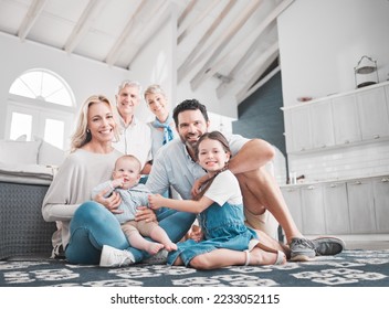 Family, love and portrait of big family relax in the family home for fun and care with mother, father and grandparents. Generations, grandfather and grandmother with parents and children bond at home - Powered by Shutterstock