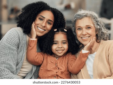 Family, love and portrait by girl with mother and grandmother on a sofa, happy and smile in their home. Bond, relax and face of senior woman with adult daughter and grandchild on couch on the weekend - Shutterstock ID 2276430053