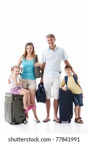 Family With Luggage On White Background