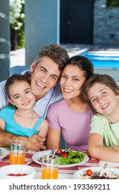 Family Lunch Home Couple With Children, Eating Happy Love Smile, Sitting At Dinner Table