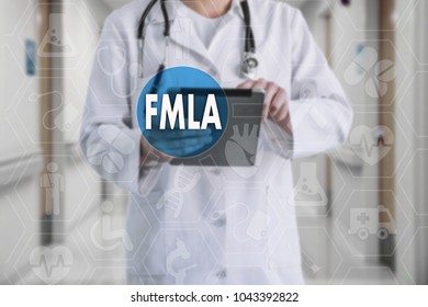 Family Medical Leave Act. FMLA On The Touch Screen With Icons On The Background Blur Medicine Doctor In Hospital.Innovation Treatment, Service, Health Data Analysis.