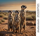 A family of meerkats standing upright in a desert landscape, their sharp eyes scanning the horizon as they stand alert, ready to protect their burrow.