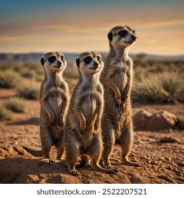 A family of meerkats standing upright in a desert landscape, their sharp eyes scanning the horizon as they stand alert, ready to protect their burrow. - Powered by Shutterstock