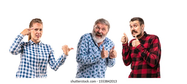 Family Members Arguing With One Another On White Studio Background. Concept Of Human Emotions, Expression, Conflict Of Generations. Woman And Men In Dispute. Half-length Portrait. Copyspace.