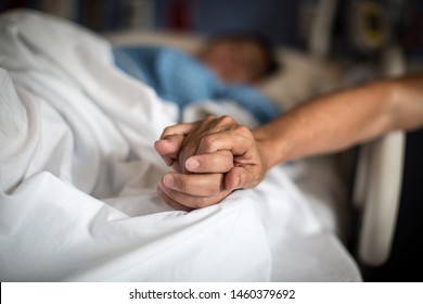 Family Members Holding Hands While Patient In The Hospital Bed Before Birth