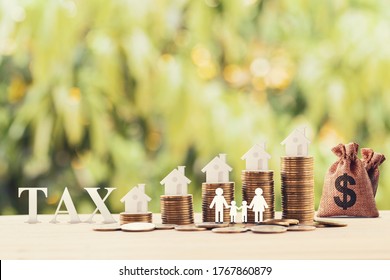 Family members, house, dollar money bags on rows of rising coins. Concept family tax benefit, residential property or estate taxt depicts home equity loan, reverse mortgage
