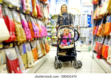 Family Mother Baby Son Supermarket Stroller Shopping