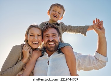 Family, mother and father with child, for holiday, vacation and being happy together outdoor. Portrait, mama and dad with kid for quality time, travel and bonding being loving, carry boy and have fun - Powered by Shutterstock