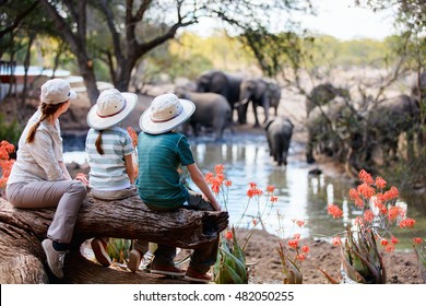 Family Of Mother And Kids On African Safari Vacation Enjoying Wildlife Viewing At Watering Hole