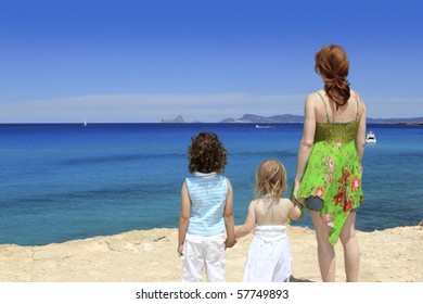 Family Mother Two Sister Daughter Cala Saona Formentera Balearic