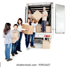 Family Moving House Taking Boxes Into A Truck - Isolated Over A White Background