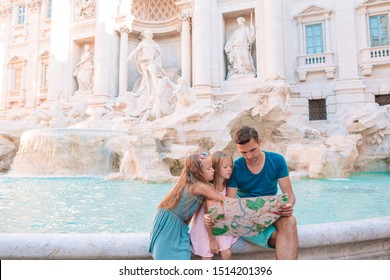 Family Near Fontana Di Trevi, Rome, Italy. Happy Father And Little Girls Enjoy Italian Vacation In Europe.