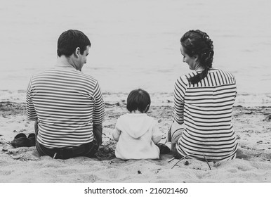 Family On The Beach Black And White 