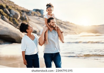 Family on beach, kid on father shoulders and travel with bonding, love and walking together in nature. Vacation, ocean and happy people outdoor, parents and kid with sunshine and adventure with fun - Powered by Shutterstock