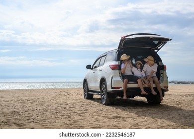 Family on beach, Family travel road trip. Family in car on sand beach. Travel trip on holiday time at beach happy family - Powered by Shutterstock