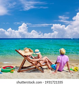 Family On Beach, Young Couple With Three Year Old Boy. Sithonia, Greece