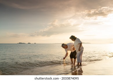 Family On Summer Beach Vacation, Healthy Older Couple Running On Sea Beach, Concept For 
Caring For The Elderly, Caregiving To Older Persons And Relations Of The Family To Support Elderly State