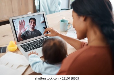 Family On Video Call, Mom And Baby Happy To See Smiling Father Waving With Laptop Webcam To Talk To Each Other. Mother, Young Child Talking To Dad At Work From Home And Using 5g Streaming Technology