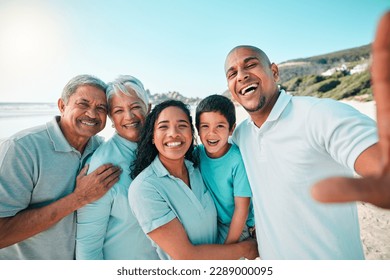 Family, outdoor and beach selfie on summer vacation with child, parents and grandparents. Men, women and boy kid portrait together in nature for travel, adventure and holiday with love and care - Powered by Shutterstock