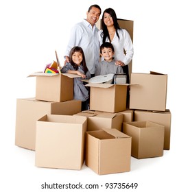 Family Packing In Boxes For Moving House - Isolated Over A White Background