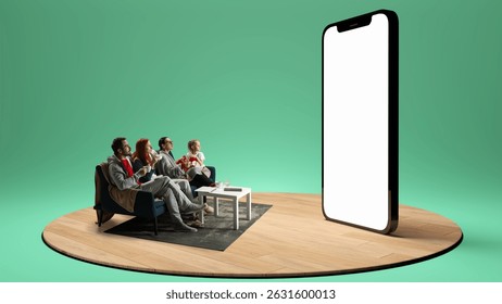 Family in pajamas watches 3D render of giant smartphone screen with blank display in suspenseful silence. Composite image. Collage. Concept of news, movies, entertainment, media - Powered by Shutterstock - Get 15% off with code: PIKWIZARD15