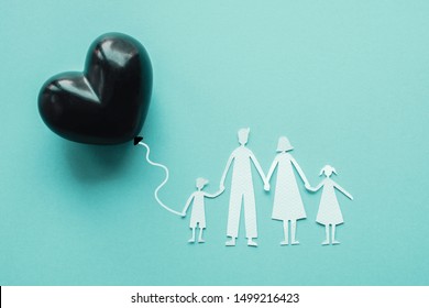 Family Paper Cut Out And Black Heart Balloon, Causes And Effects Impact On Child Development And Behavior Of Dysfunctional Family, Divorce Parent, Broken Home Concept, Children Mental  Illness Health