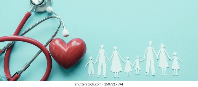 Family Paper Cut Out With Red Heart And Stethoscope, Heart Health,  Family Health Insurance Concept, Red Cross CPR, World Heart Day, World Health Day, Blood Organ Donation