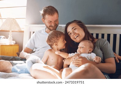 Family, parents and children in bed of home, relax and weekend in bedroom. Cuddle, support and mother person with father for love and childhood development, kid and smile for care and happiness - Powered by Shutterstock