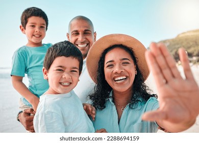 Family, parents and children selfie at beach or outdoor with a smile, happiness and care together. Happy boy kids, man and woman laughing portrait on holiday, adventure or vacation to travel or relax - Powered by Shutterstock