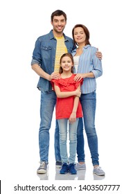 Family And People Concept - Happy Smiling Mother, Father And Little Daughter Over White Background