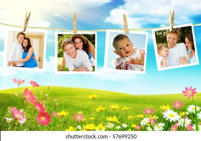 Family Photos Hanging Over Spring Flowers