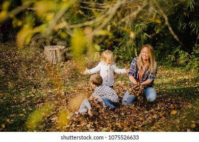 Family playing in autumn leaf pile on beautiful day.