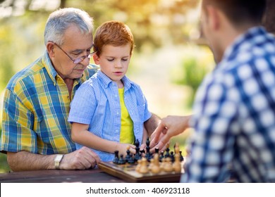 Family Playing Chess In The Nature
