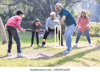 Family playing cricket in park - Powered by Shutterstock
