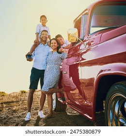 Family, portrait and car with parents for road trip, adventure and explore on holiday, weekend or vacation. Travel, vintage pickup truck and mother, father and kids for journey and bonding together - Powered by Shutterstock