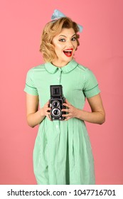 Family Portrait, Old Fashion, Journalism, Pinup. Family Portrait, Retro Woman With Vintage Camera