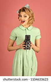 Family Portrait, Old Fashion, Journalism, Pinup. Family Portrait, Retro Woman With Vintage Camera