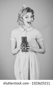 Family Portrait, Old Fashion, Journalism, Pinup. Family Portrait, Retro Woman With Vintage Camera