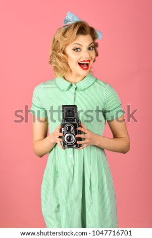 Family portrait, old fashion, journalism, pinup. family portrait, retro woman with vintage camera