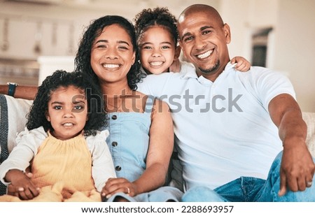 Family in portrait, parents and happy kids relaxing in home with support, love or bonding together on sofa. Happiness, people or living room with relationship and spending quality time on the weekend