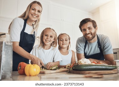 Family portrait, smile and cooking in kitchen with vegetables for lunch, diet and nutrition. Happy parents and children, food and ingredients for meal prep, healthy and teaching the kids at home - Powered by Shutterstock