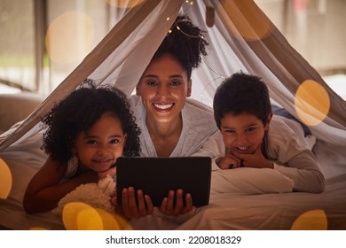 Family Portrait, Tablet And Online App For Kids Cartoons, Streaming And Digital Night Story In Blanket Fort Tent At Home. Happy Brazil Mother, Smile Children And Reading, Playing On Internet Tech