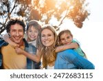 Family portrait, walking and piggyback for kids with parents in a park with love, games and fun bonding in nature. Support, playing and people in a forest for back ride, travel and trust on vacation