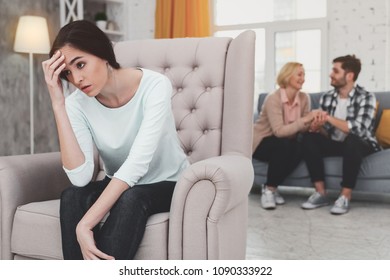 Family Problems. Unhappy Young Woman Touching Her Forehead While Being Not Happy In Her Relationships