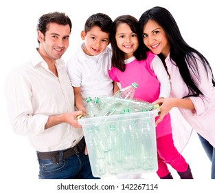 Family Recycling Plastic Bottles - Isolated Over White