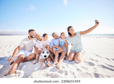 Family relax on beach sand, selfie and generations, tropical vacation in Mexico with travel and trust outdoor. Grandparents, parents and kids, happy people on adventure and tourism, smile in picture - Powered by Shutterstock